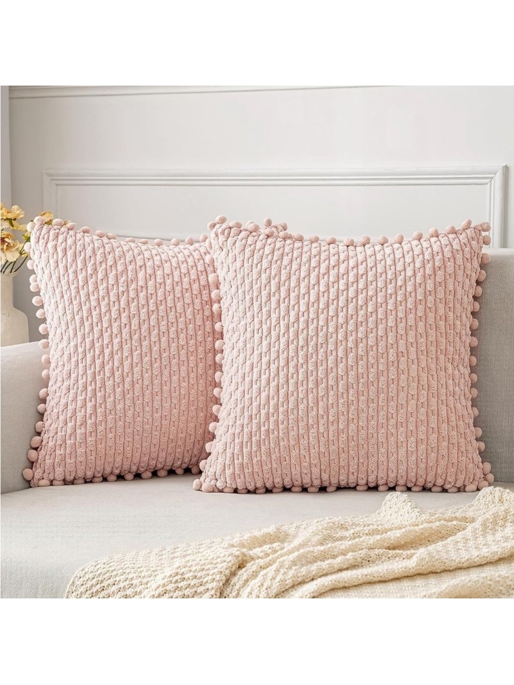 Pompom Pink Stripe Texture Corduroy Farmhouse Cute Luxury Soft Pillow Cover Set